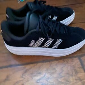 Adidas Black Platform Sneakers with Rhinestone Three Stripes